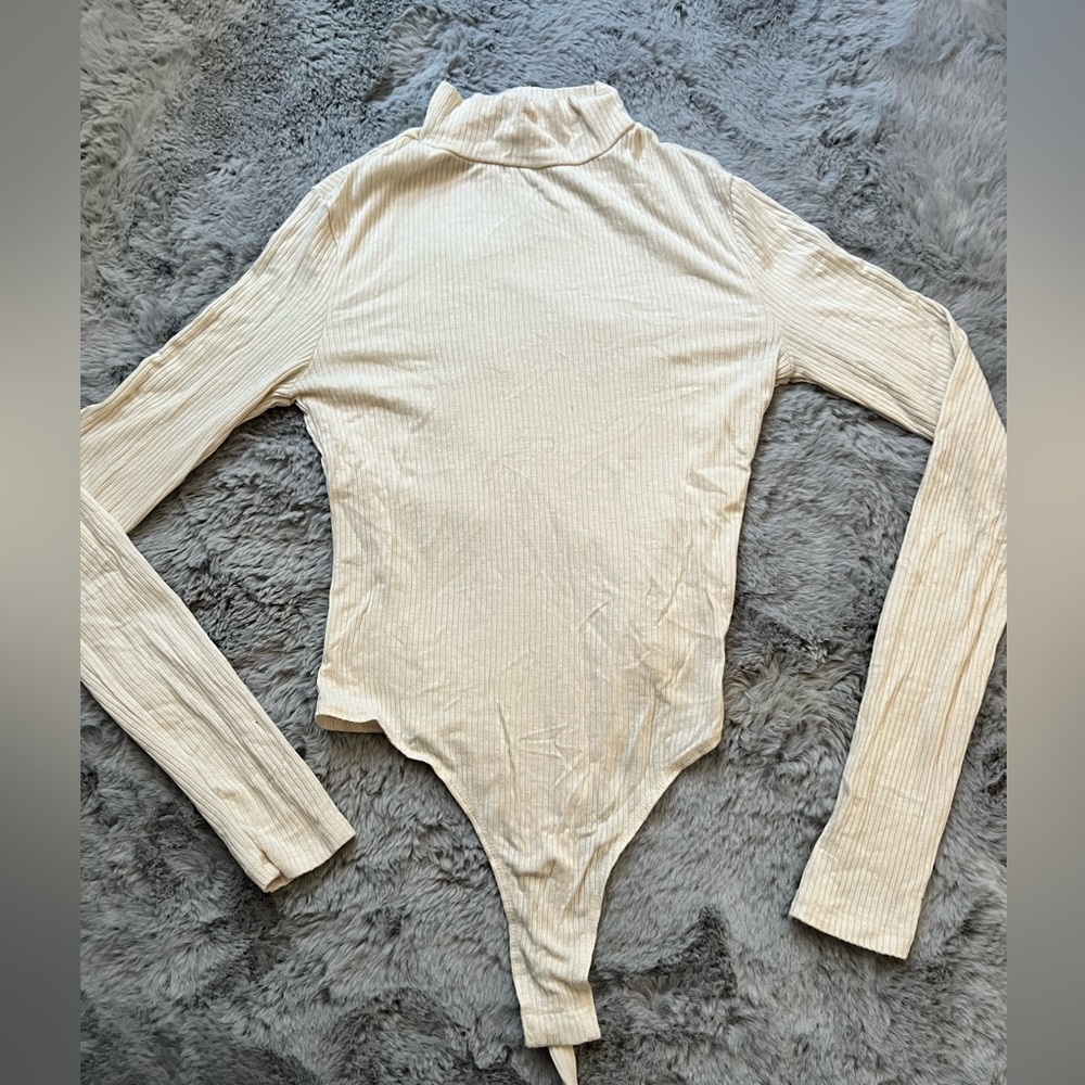 Charlotte Russe Mock Neck Ribbed Thong Bodysuit